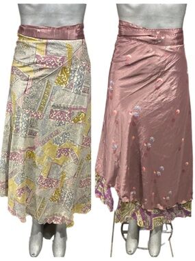 WEVEZ Dusty Rose SILK Sari Magic Wrap Reversible Maxi Skirt One Size Bohemian